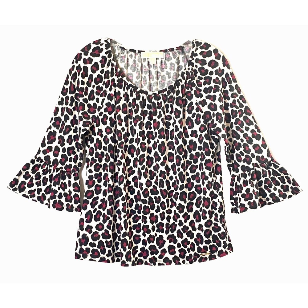 Michael Kors Animal Print Top Women Small Multicolor Burgundy Ruffle Sleeve Knit